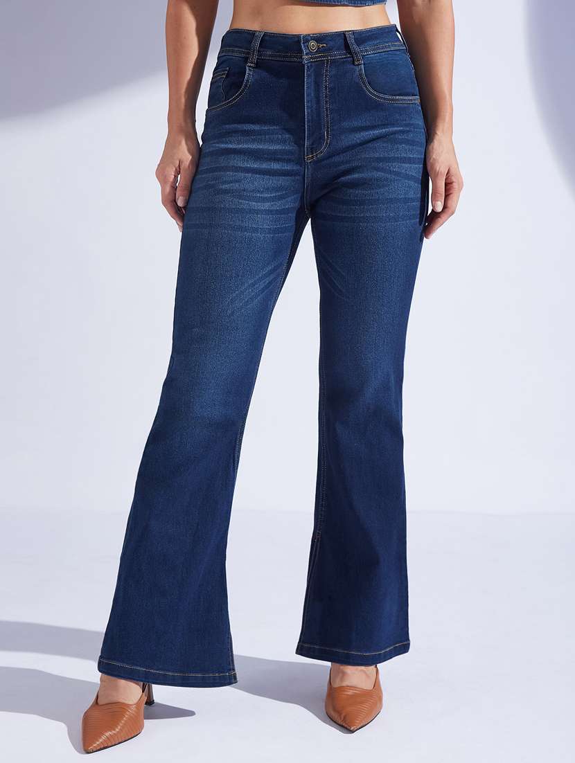 women solid high rise bootcut jeans