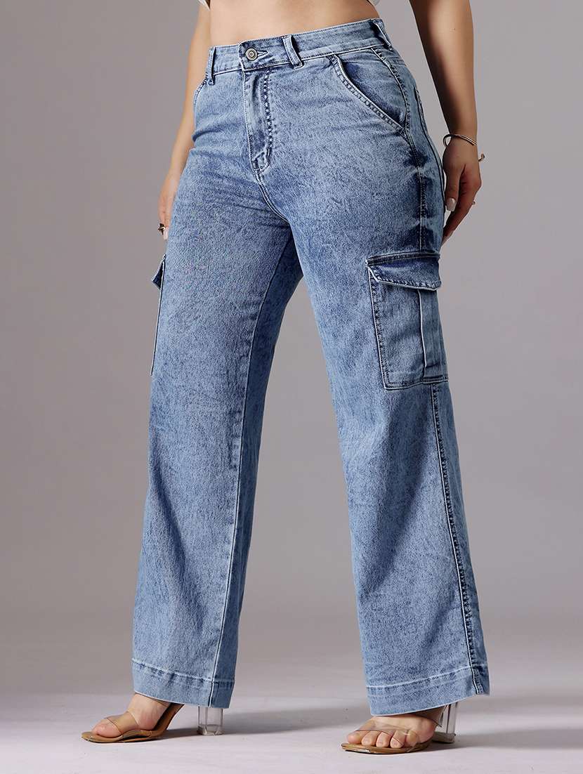 women solid high rise denim cargo