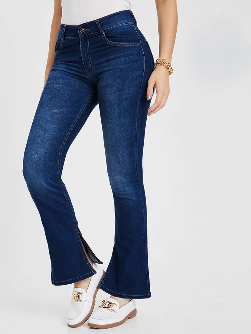 women solid high rise bootcut jeans