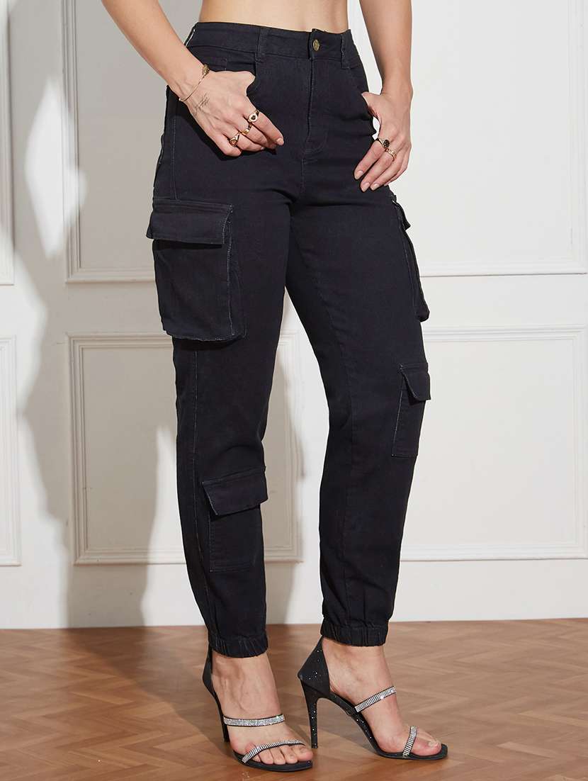 women solid high rise cargo jogger
