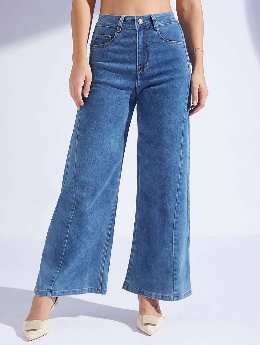 women solid high rise wide leg jeans