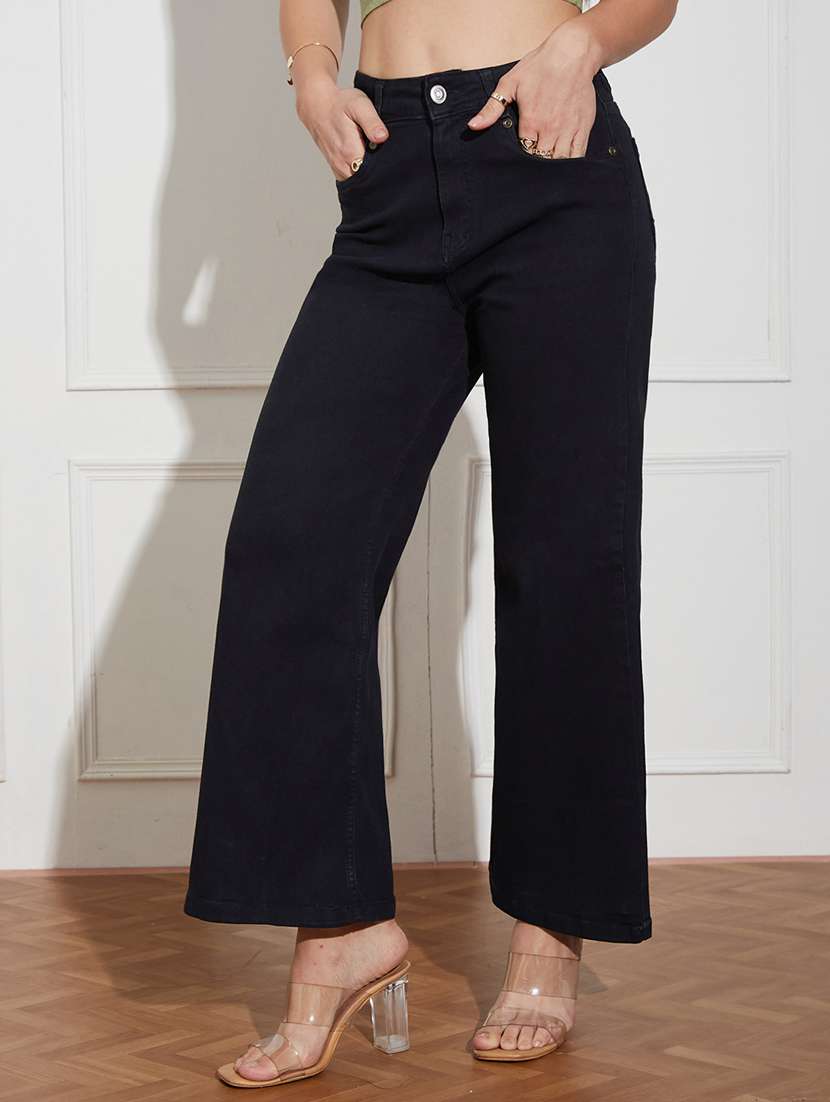 women solid high rise wide leg jeans