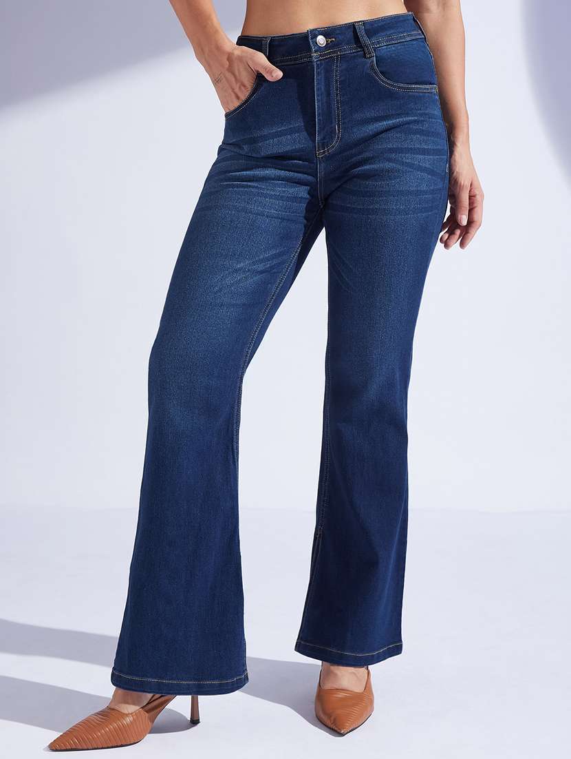 women solid high rise bootcut jeans