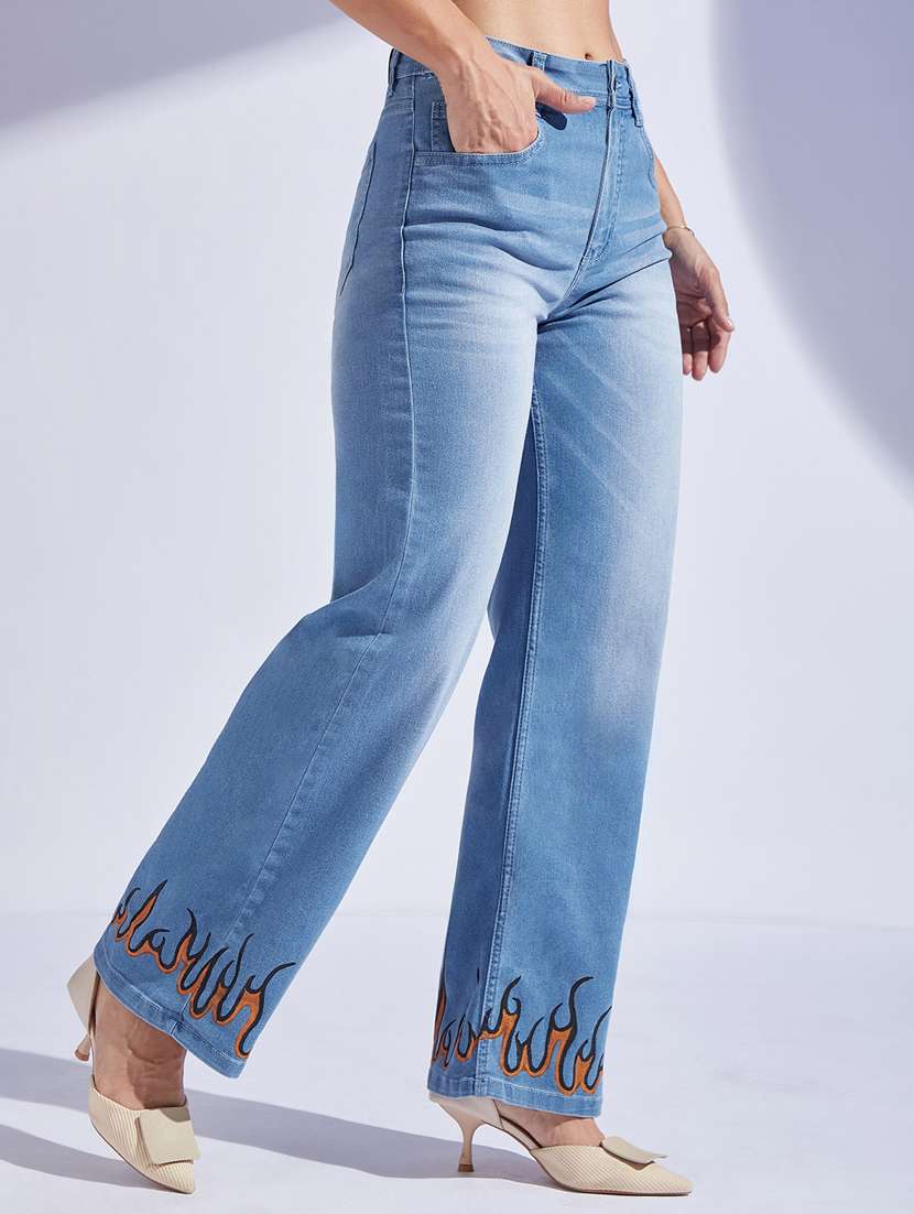 women printed high rise straight jeans