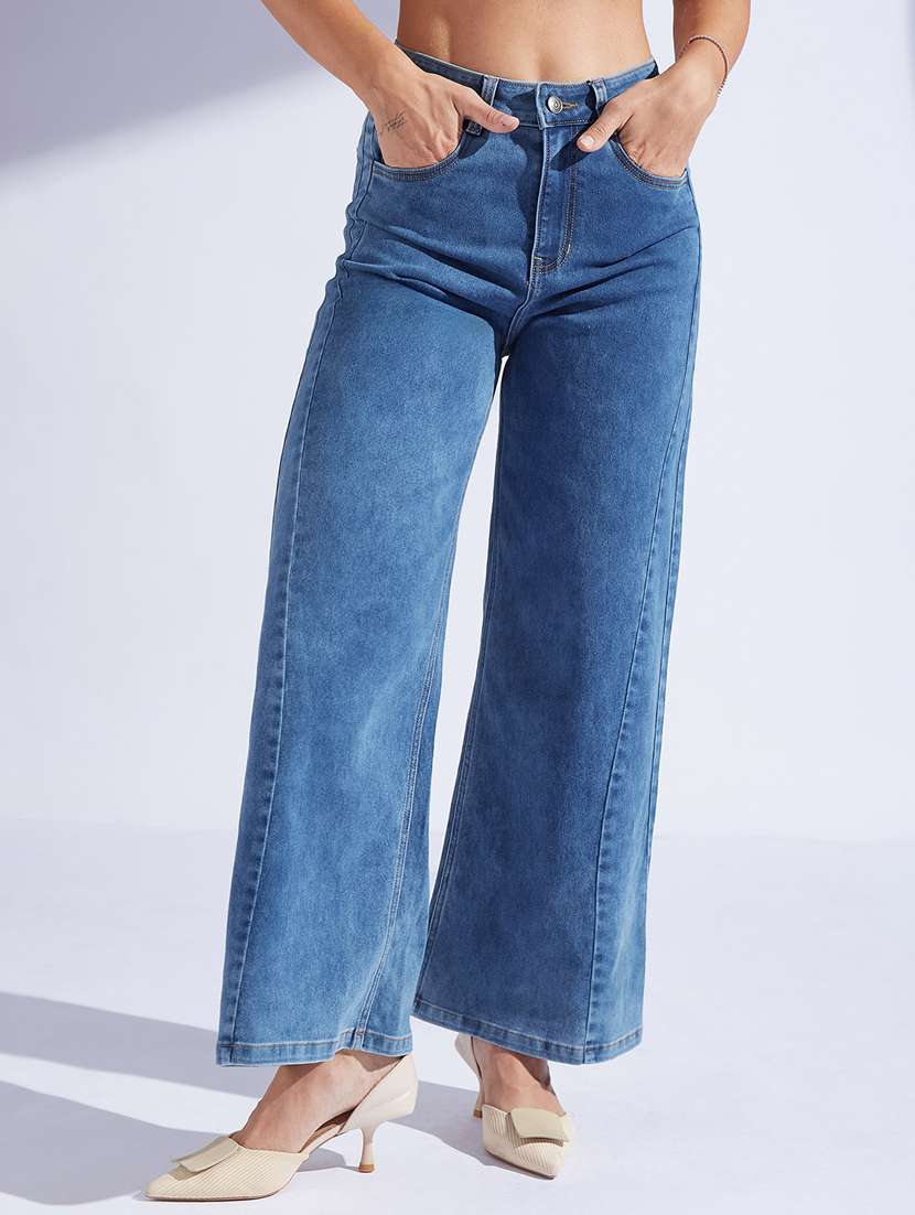 women solid high rise wide leg jeans