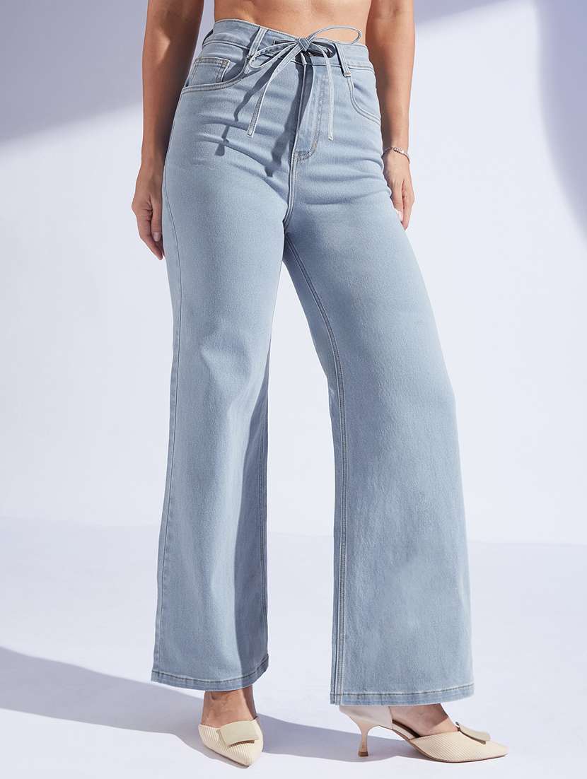 women solid high rise wide leg jeans