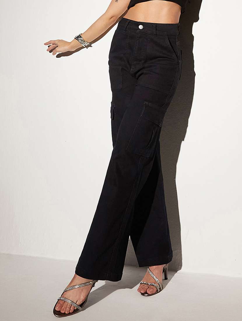 women solid high rise denim cargo