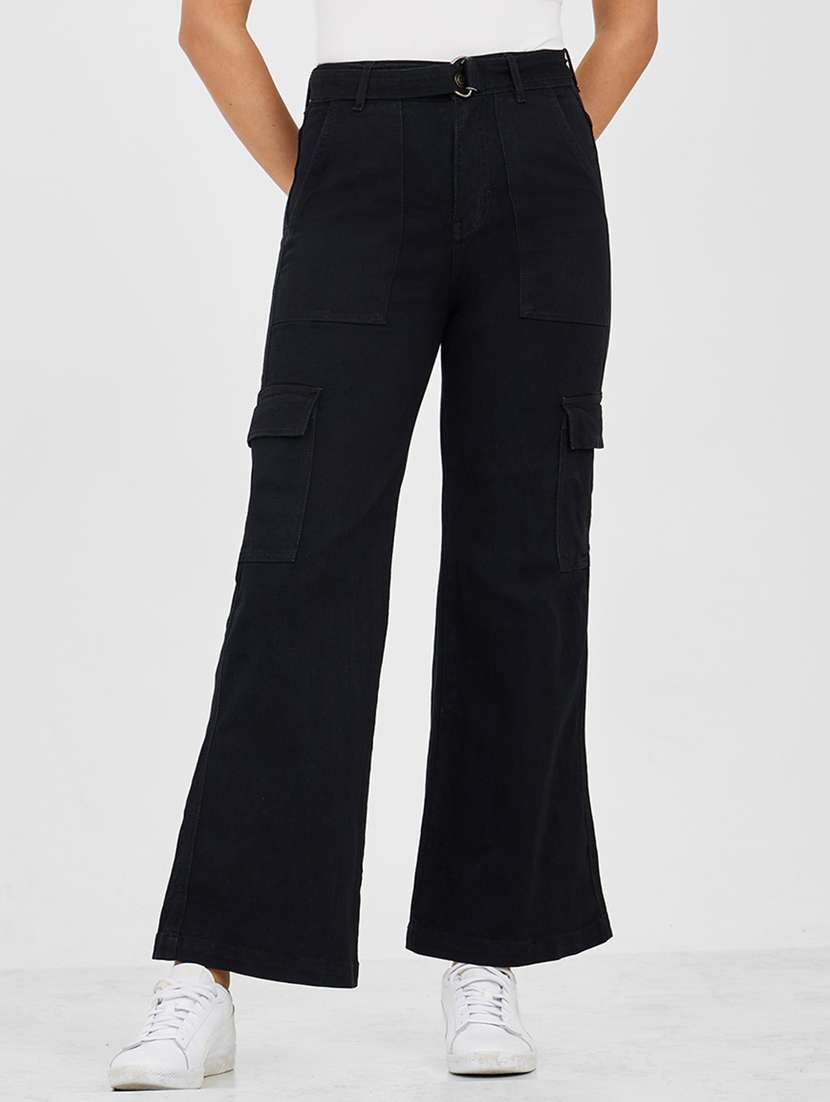women solid high rise denim cargo