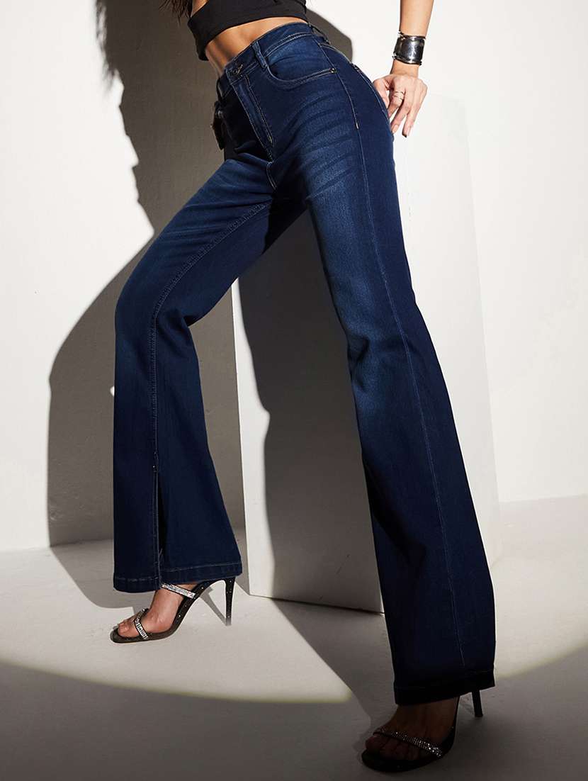 women solid high rise bootcut jeans