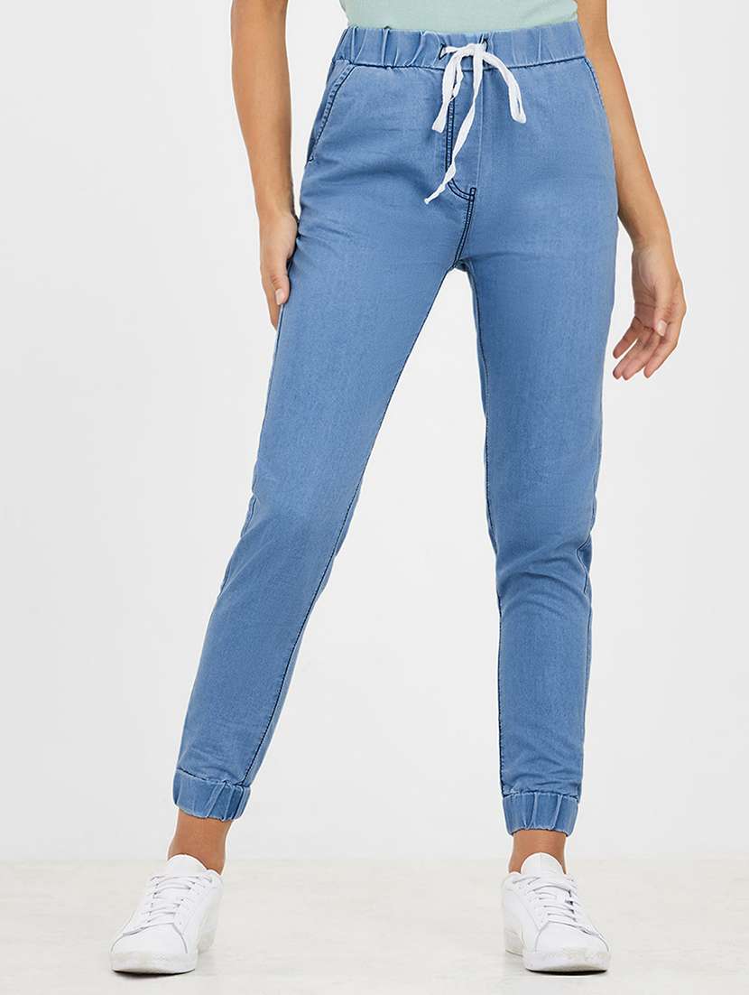 women solid high rise denim jogger