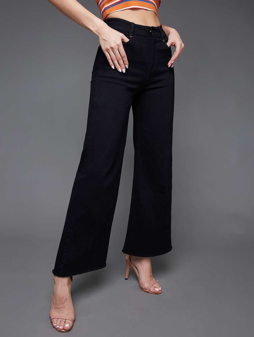 women solid high rise wide leg jeans