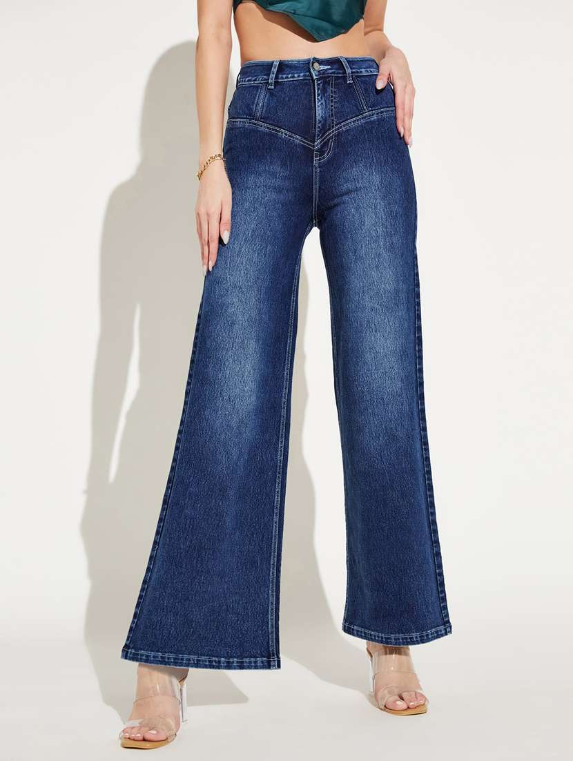 women solid high rise wide leg jeans