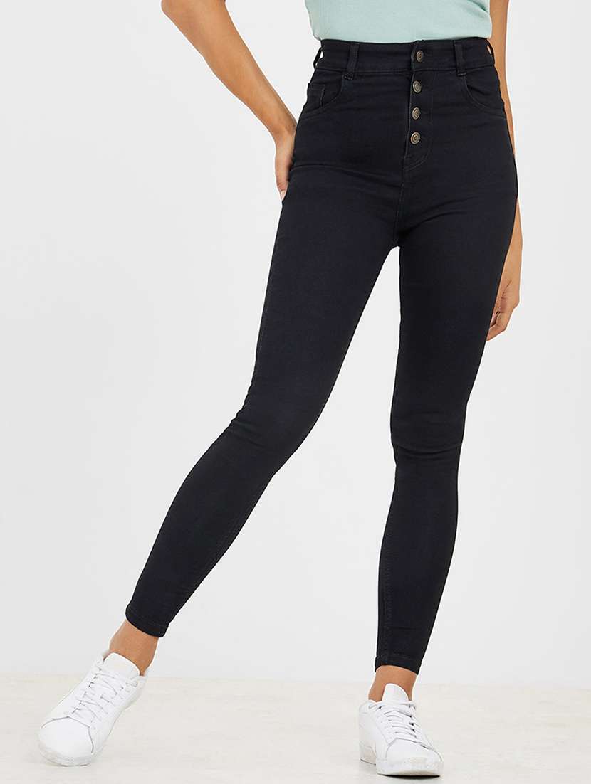 women solid high rise skinny jeans