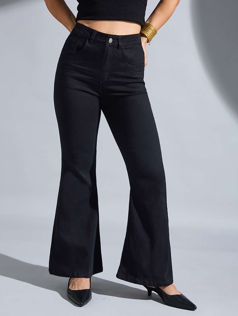 women solid high rise bootcut jeans