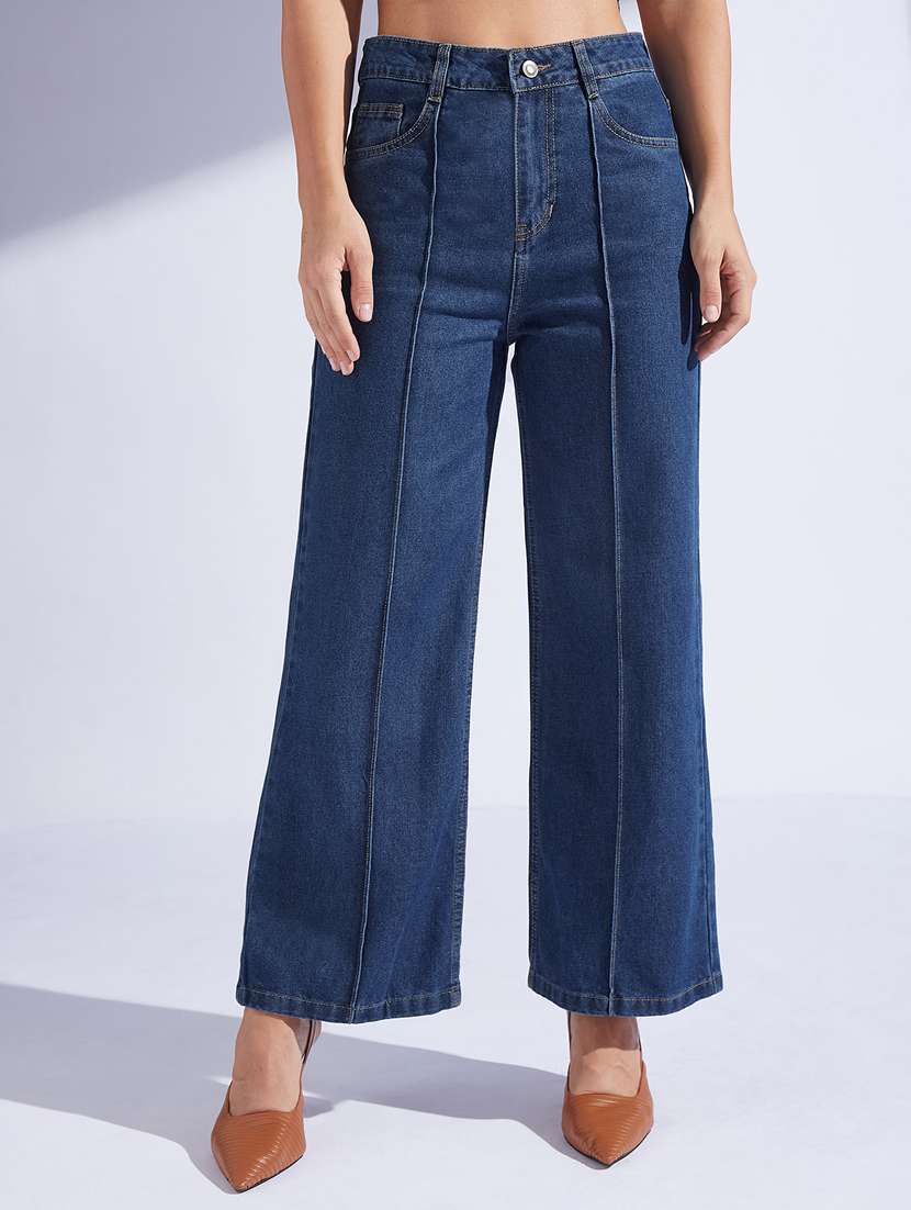 women solid high rise wide leg jeans