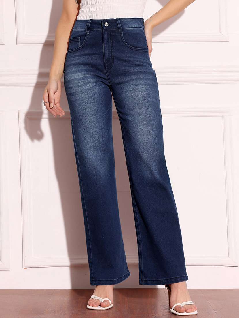 women solid high rise straight jeans