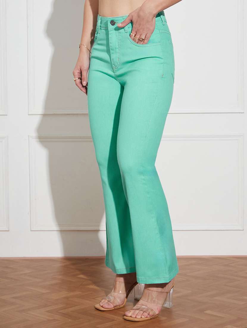 women solid high rise bootcut jeans