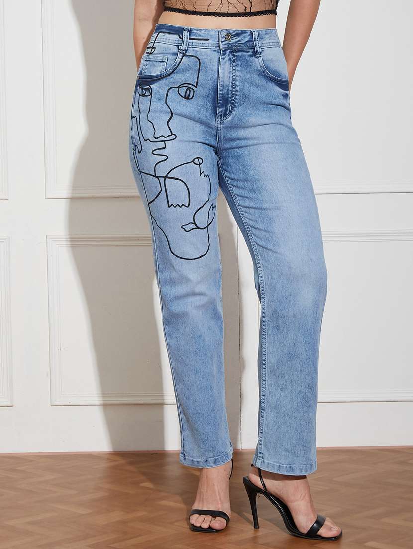 women printed high rise straight jeans