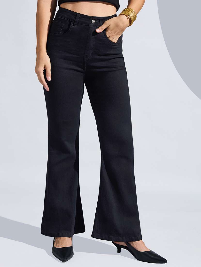 women solid high rise bootcut jeans
