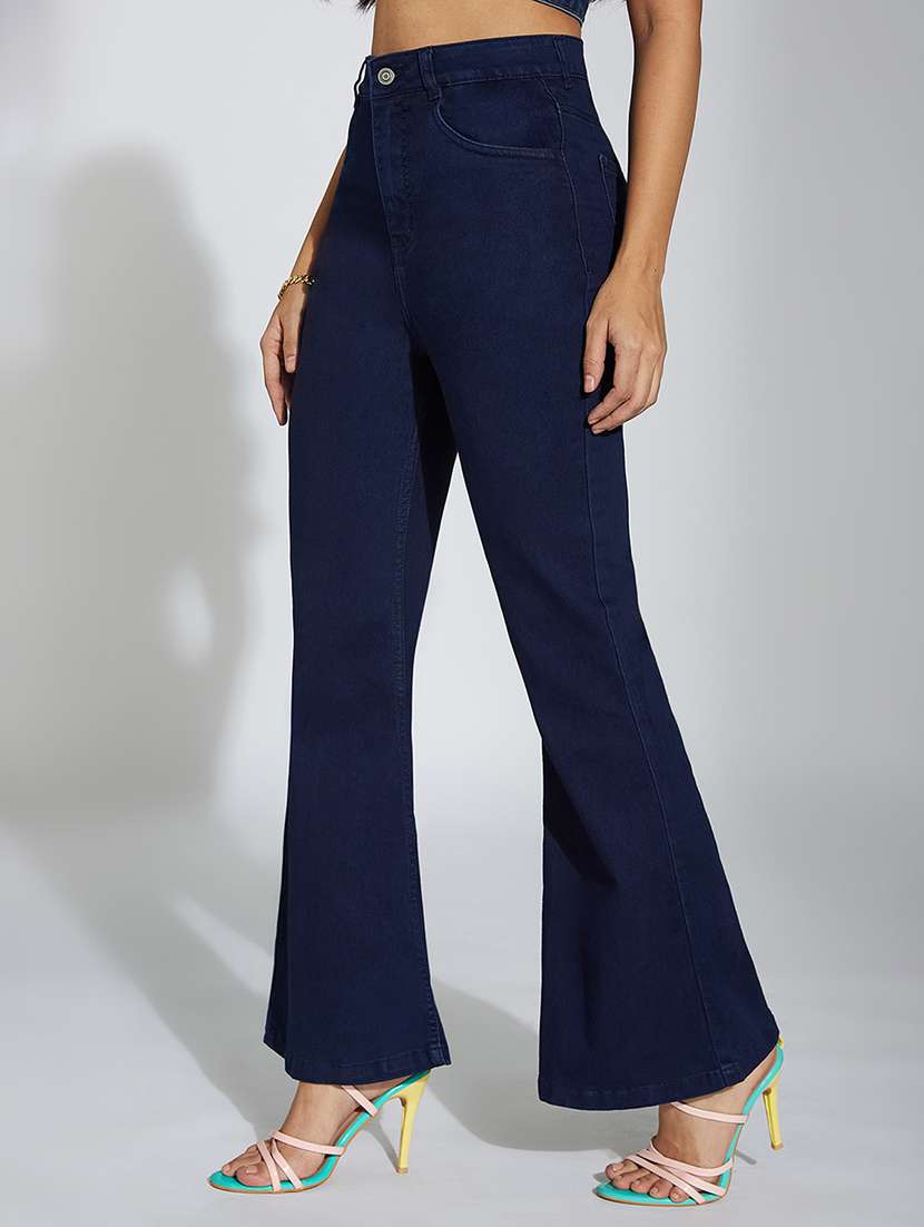 women solid high rise bootcut jeans