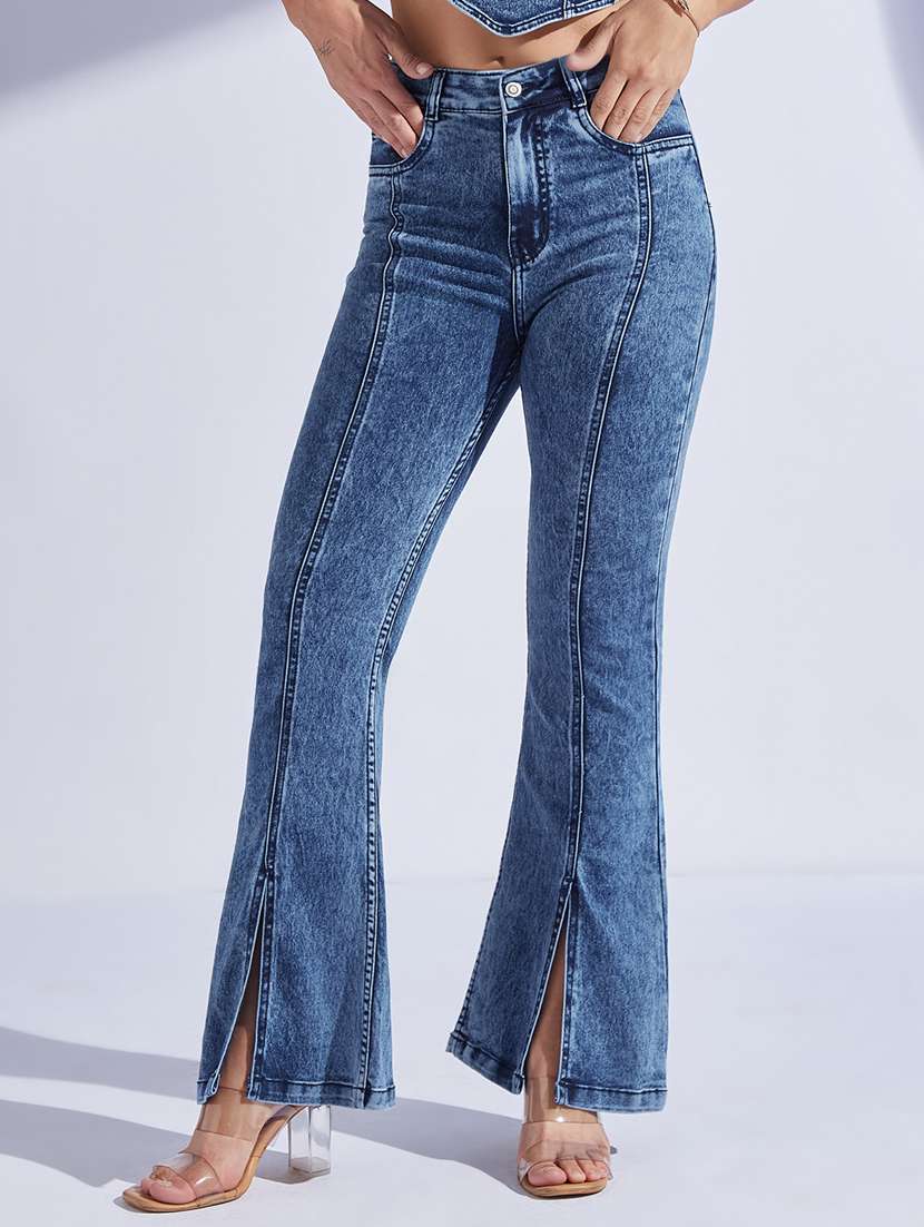 women solid high rise bootcut jeans