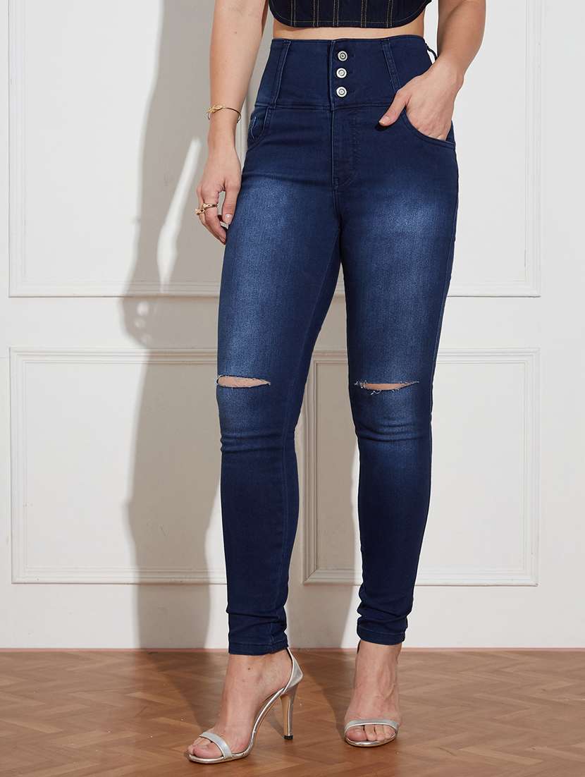 women slash knee  high rise skinny jeans