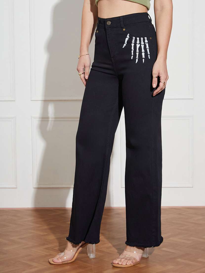 women printed high rise wide leg jeans