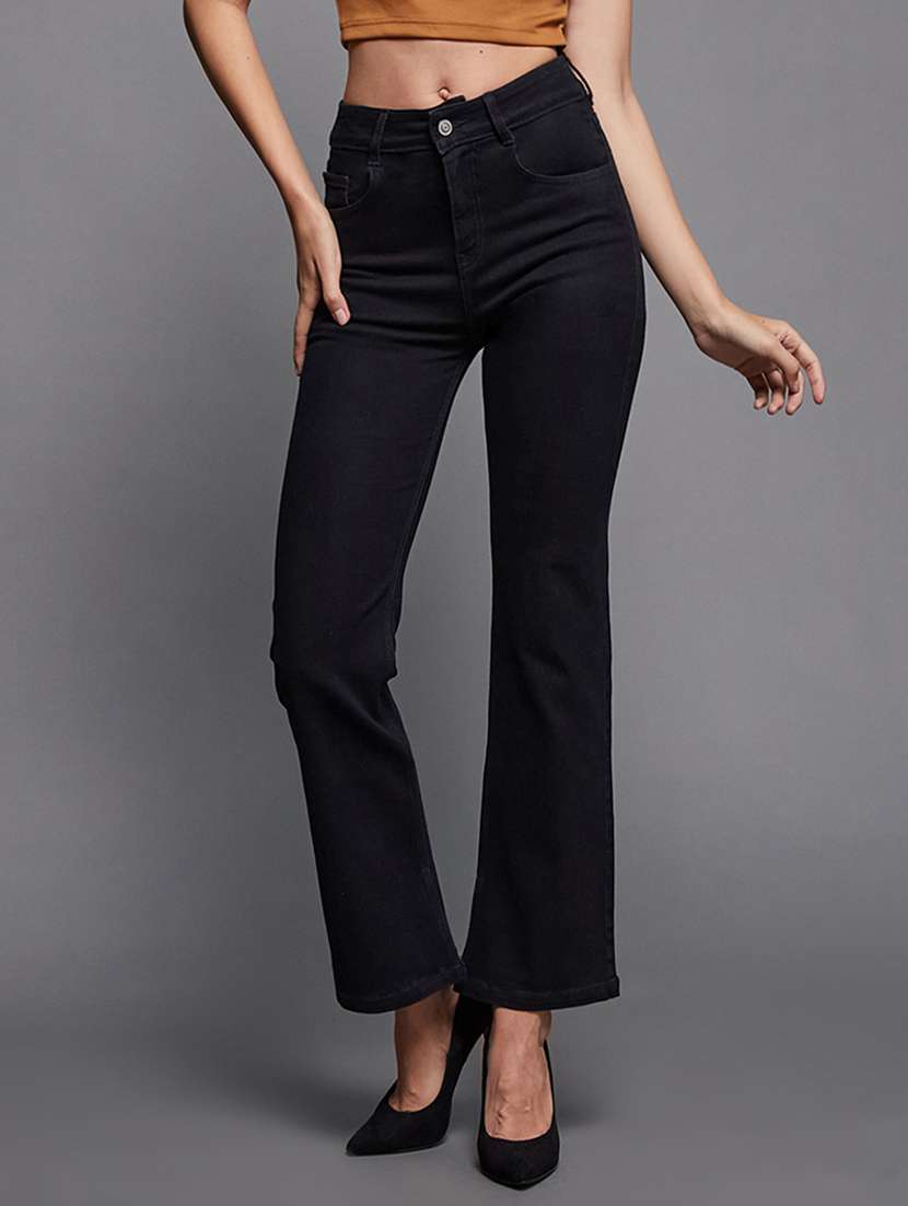 women solid high rise bootcut jeans