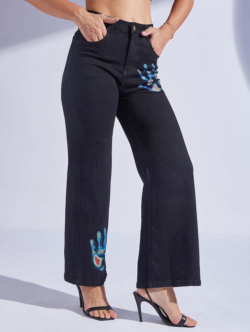women printed high rise wide leg jeans