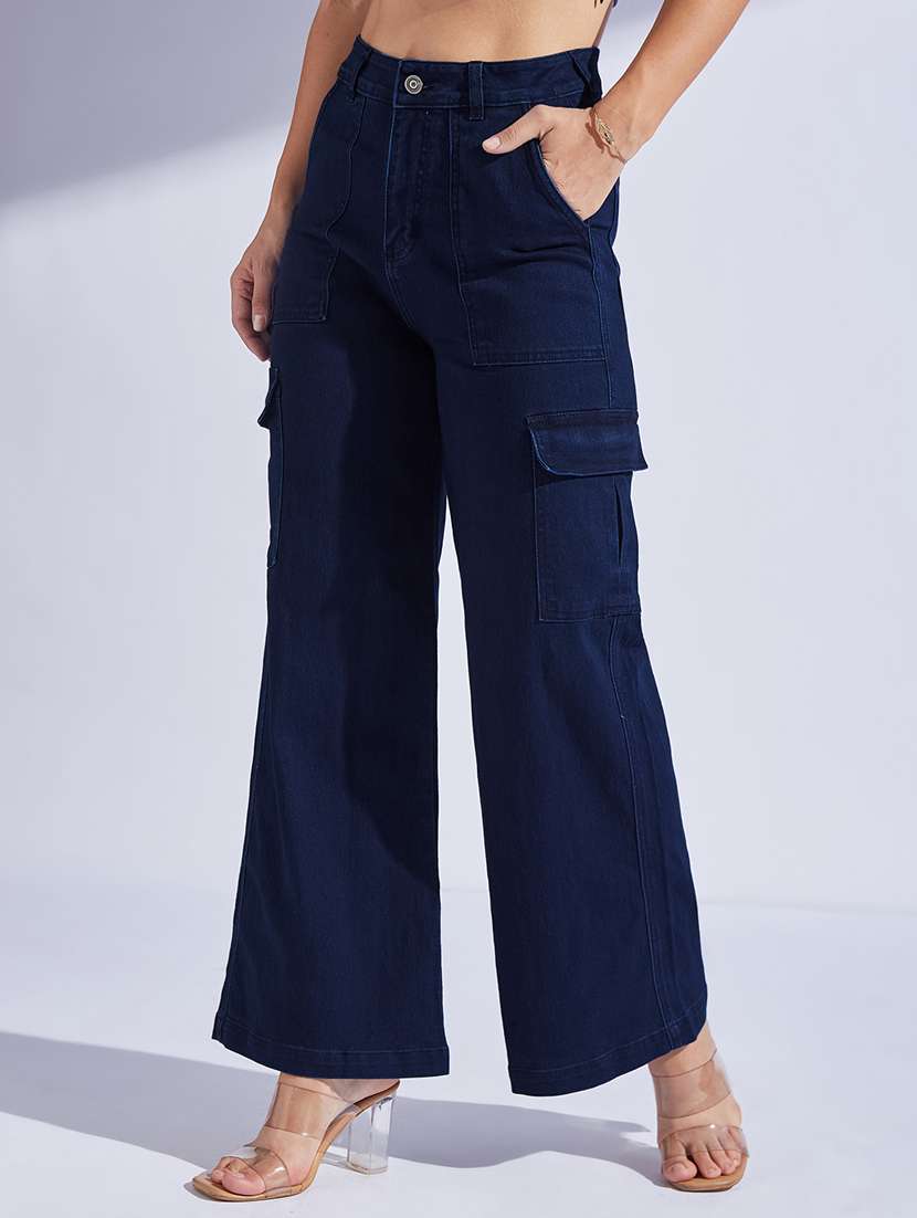 women solid high rise denim cargo