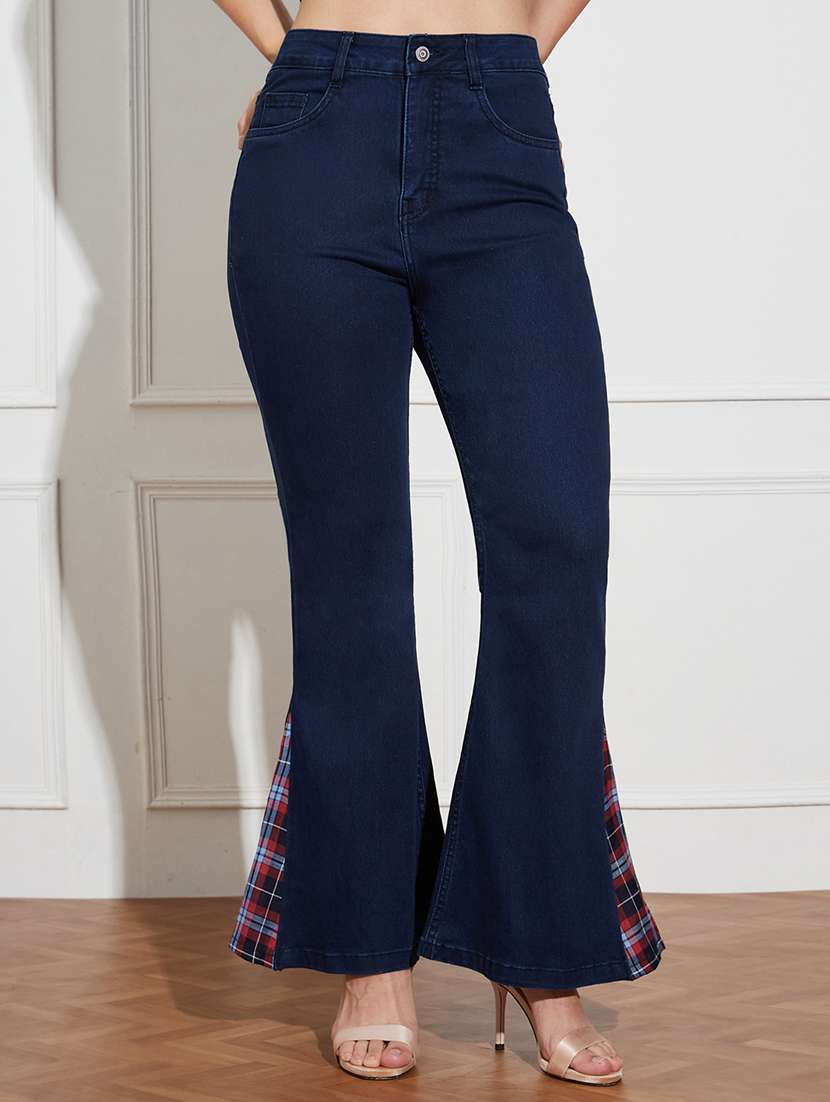 women patched high rise bootcut jean