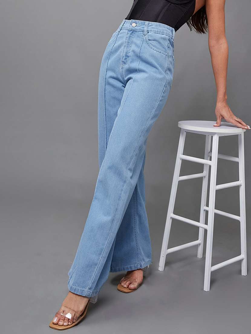 women solid high rise wide leg jeans