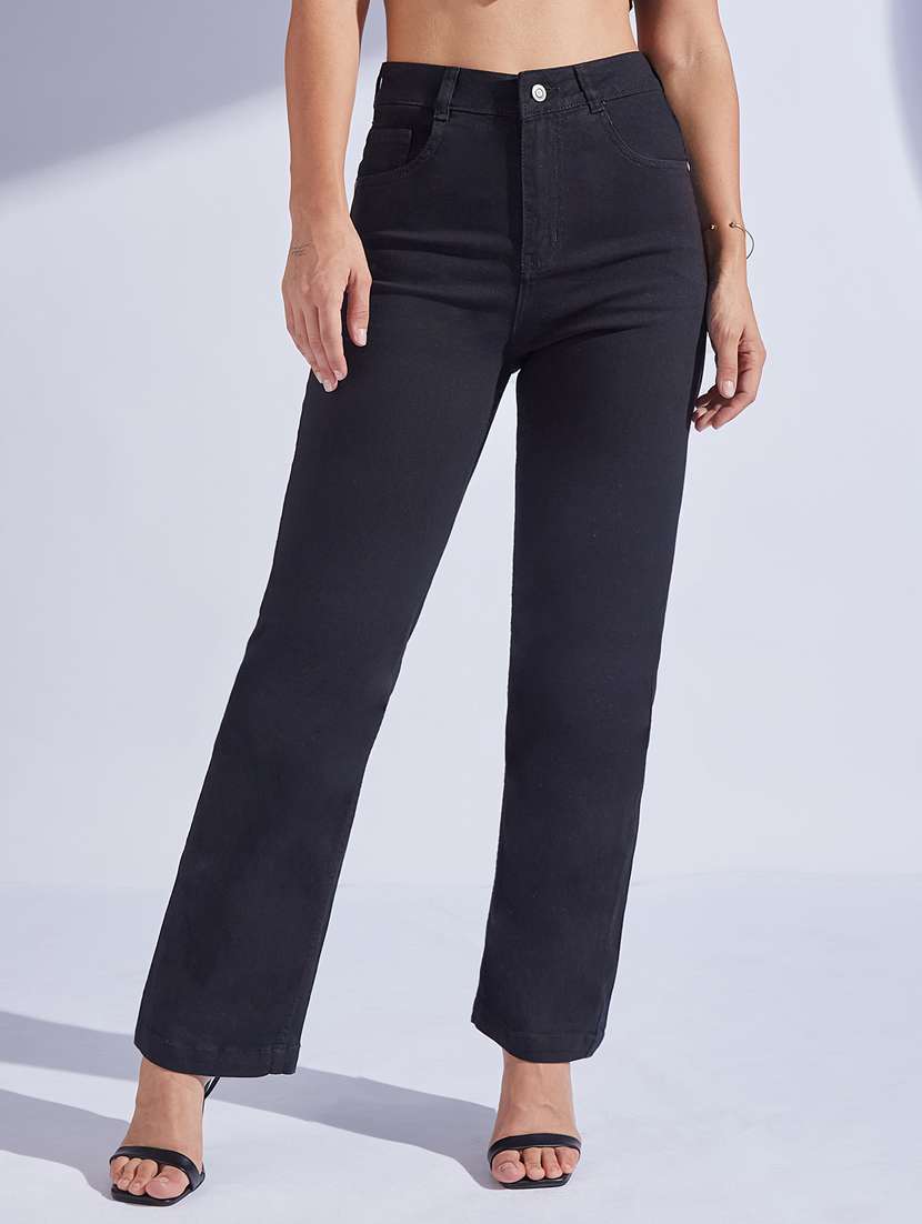 women solid high rise straight jeans