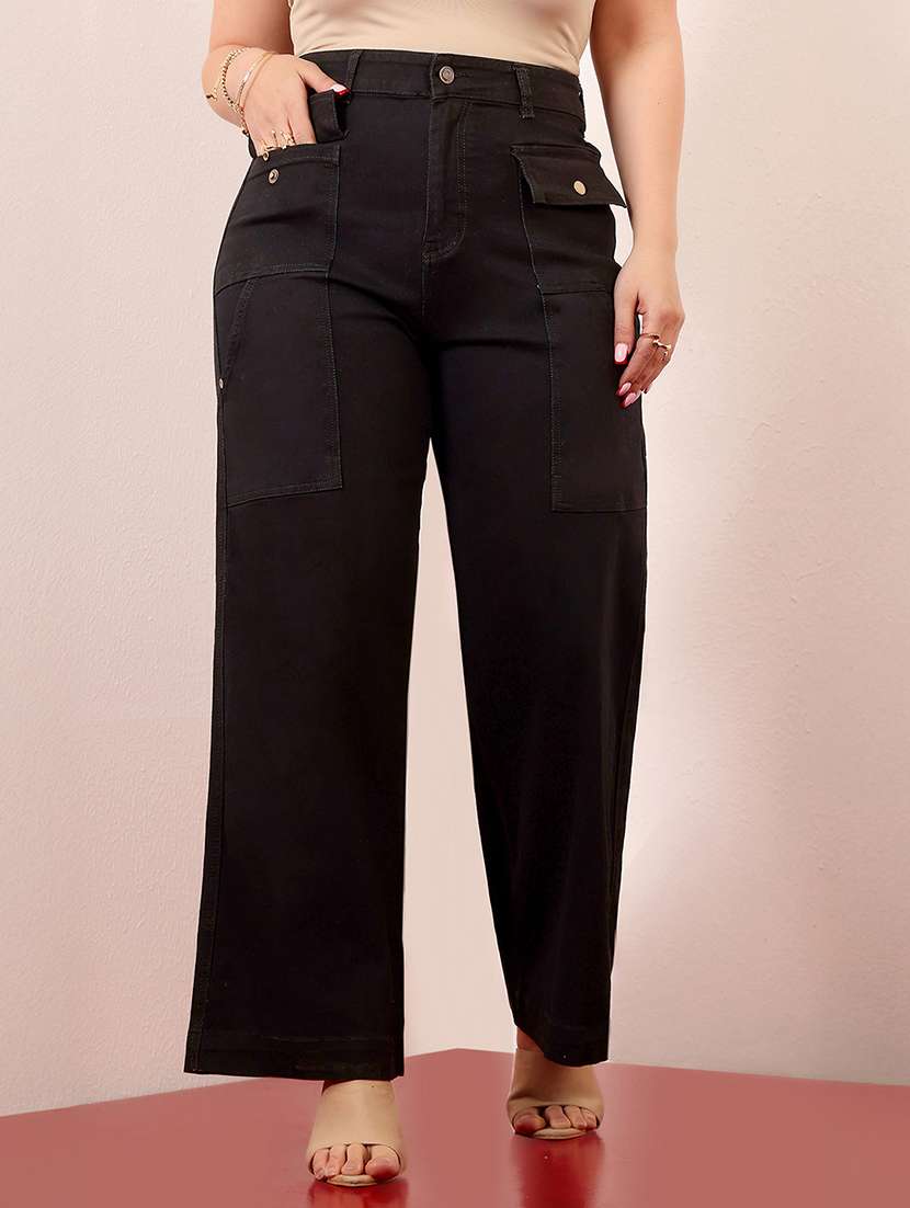 women solid high rise wide leg jeans