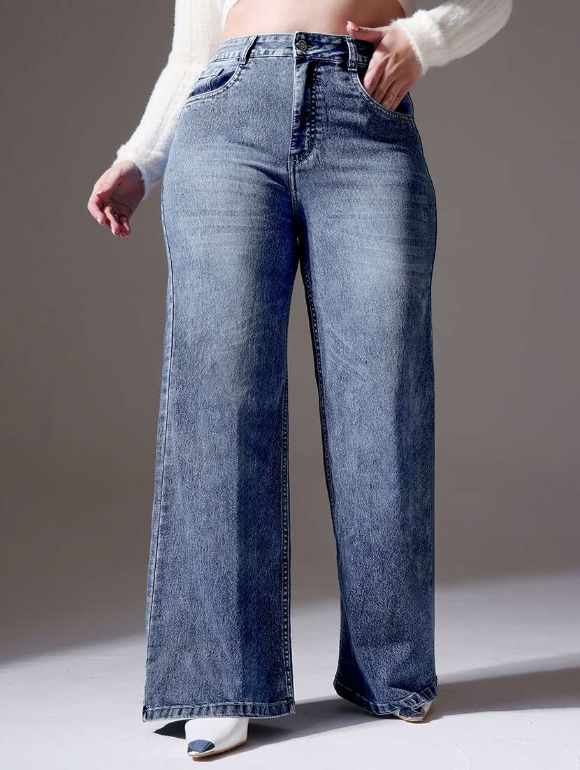women solid high rise wide leg jeans