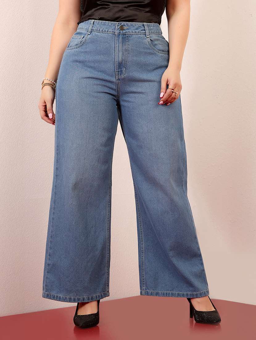 women solid high rise wide leg jeans
