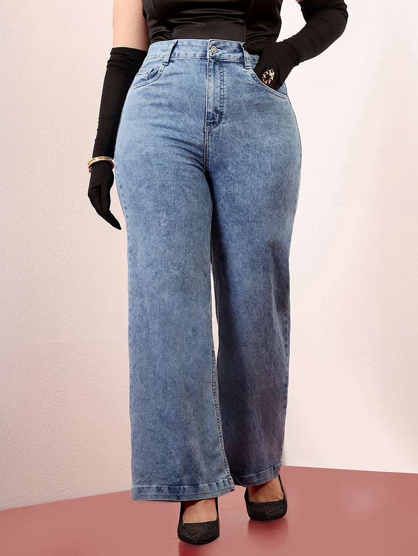 women solid high rise wide leg jeans