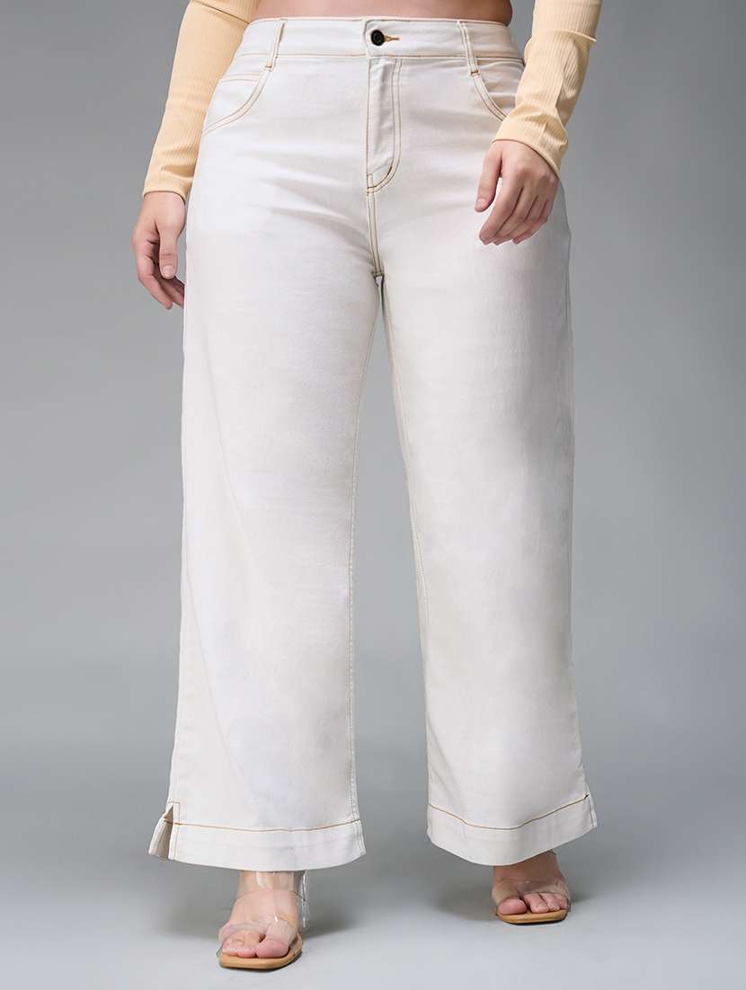 women solid high rise wide leg jeans