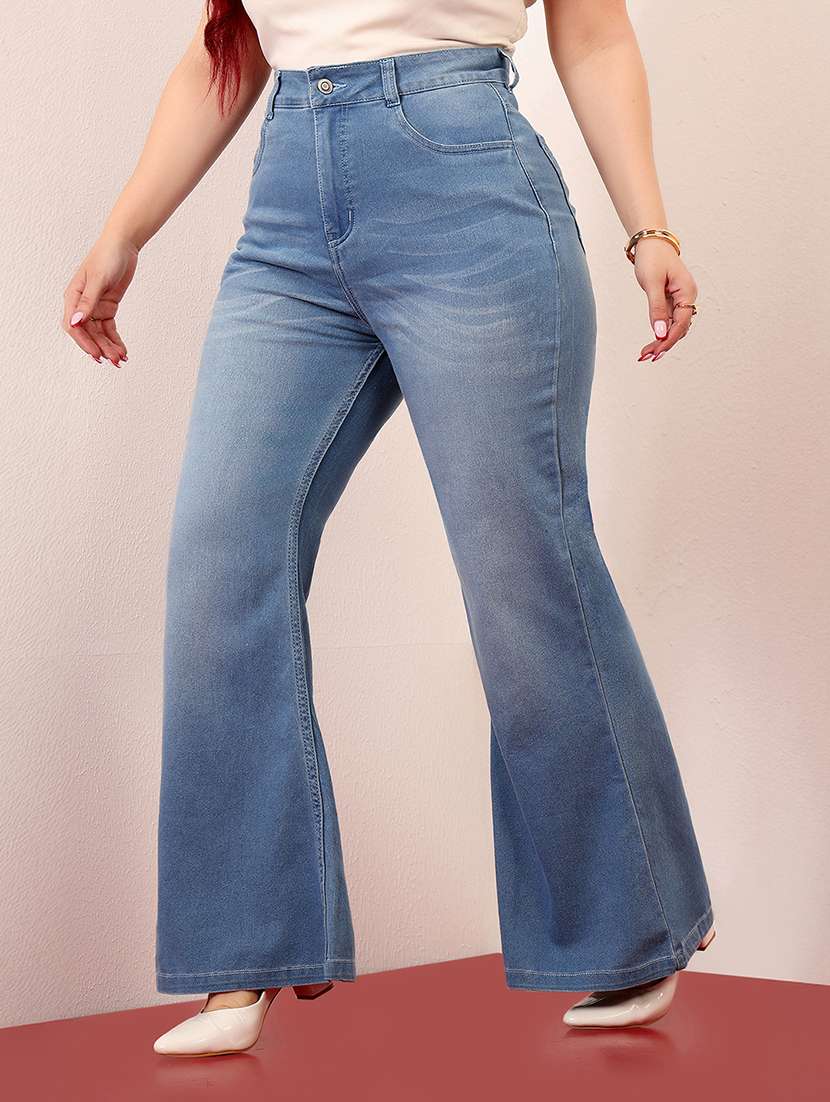 women solid high rise bootcut jeans