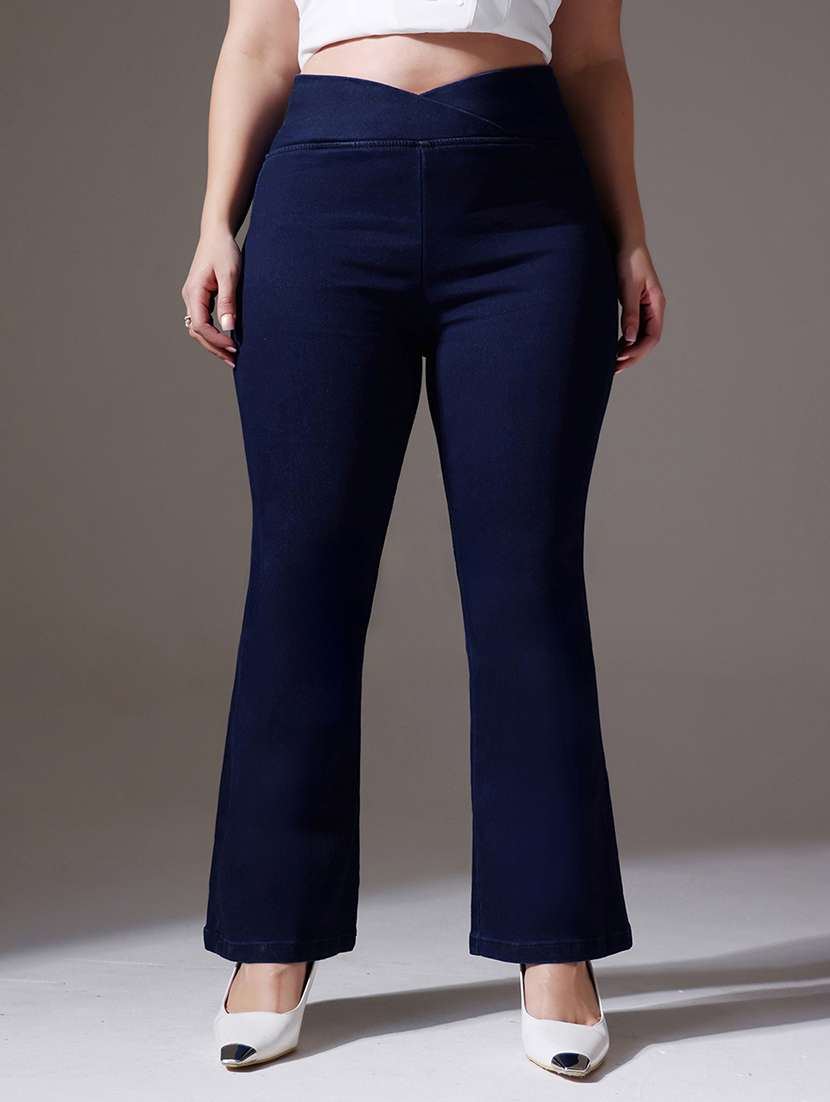 women solid high rise bootcut jeans