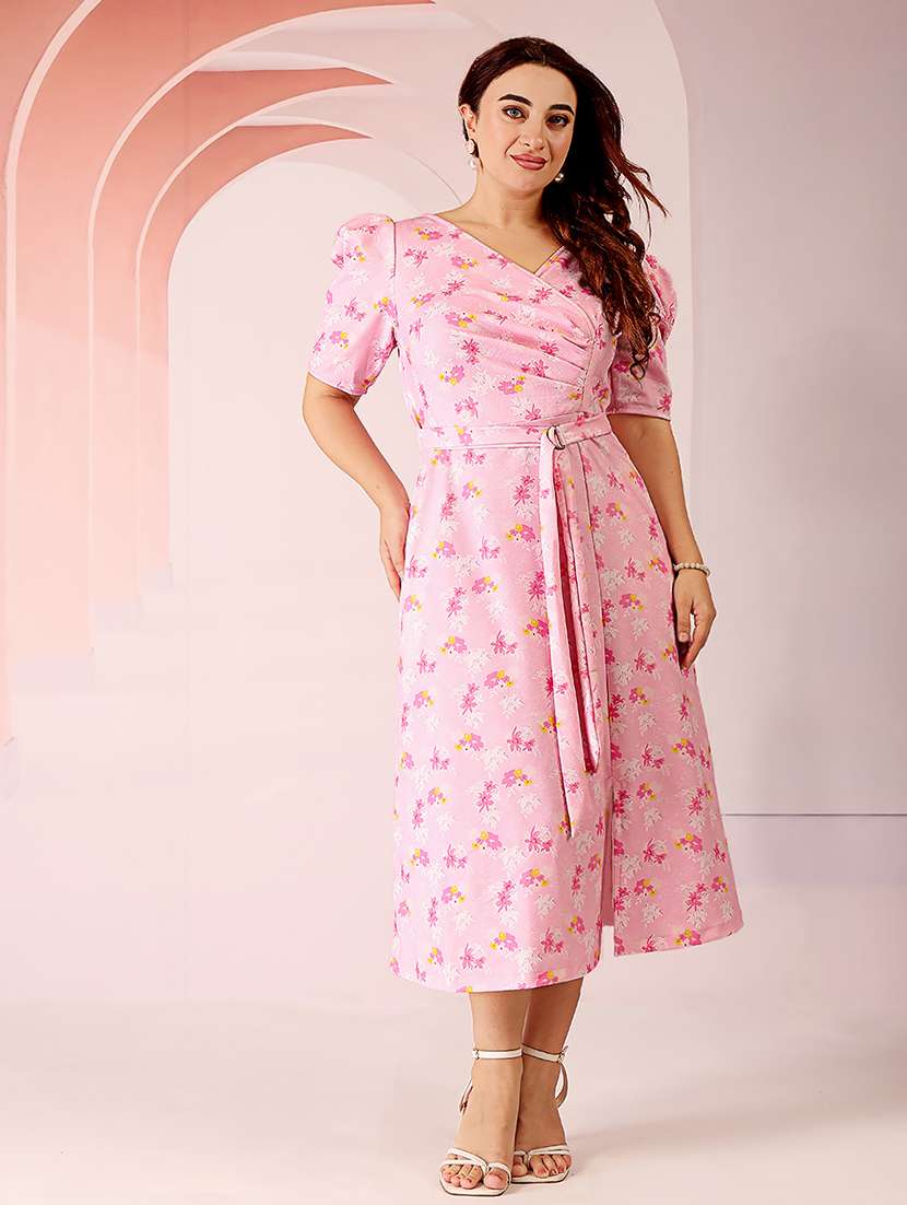 women plus size floral print puff sleeve a-line dress