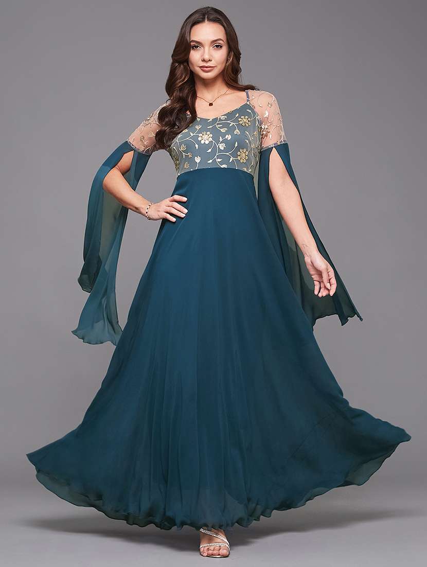 women embroidered long sleeve fit & flare ethnic dress