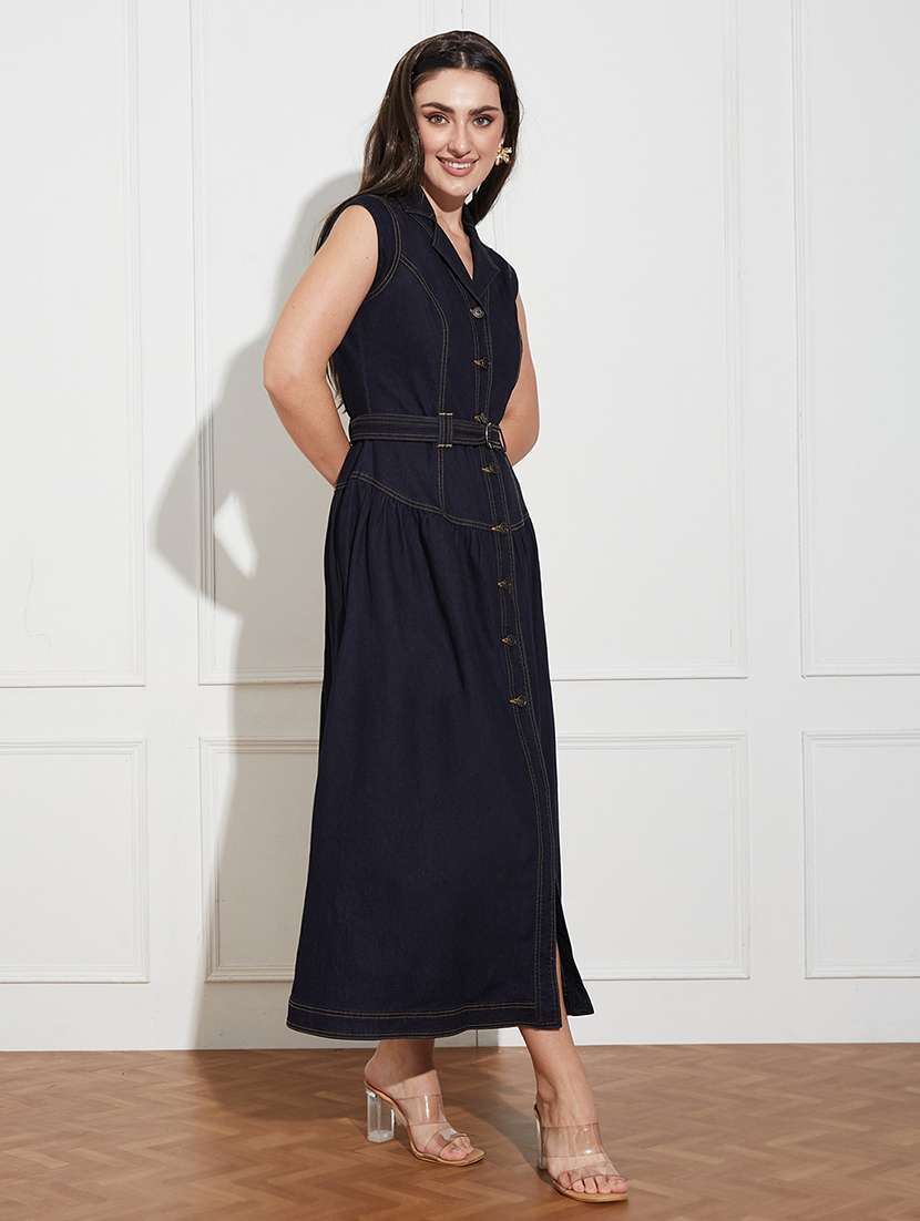 women solid sleeveless denim a-line dress - 22403190 -  Standard Image - 3