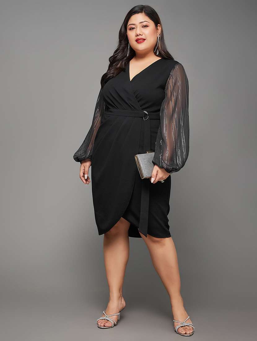 women plus size solid bishop sleeve wrap dress