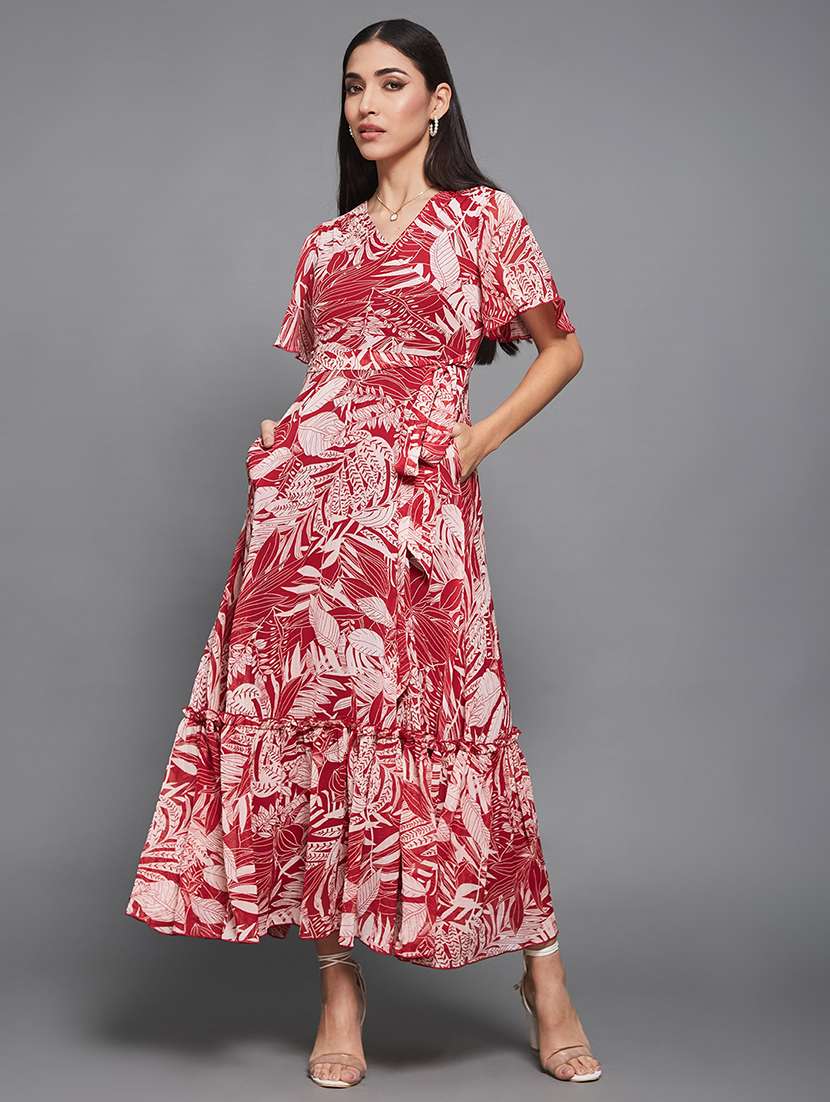 women printed flared sleeve wrap dress