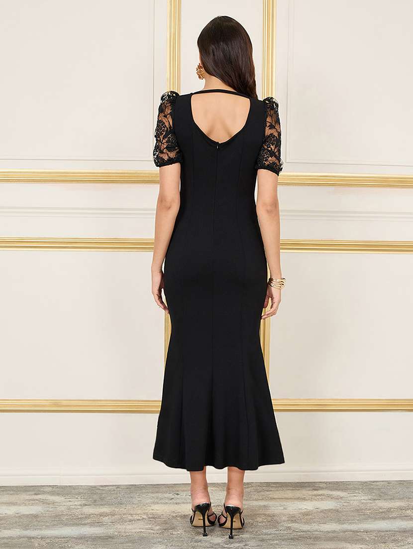 women solid puff sleeve lace bodycon dress - 22403197 -  Standard Image - 3