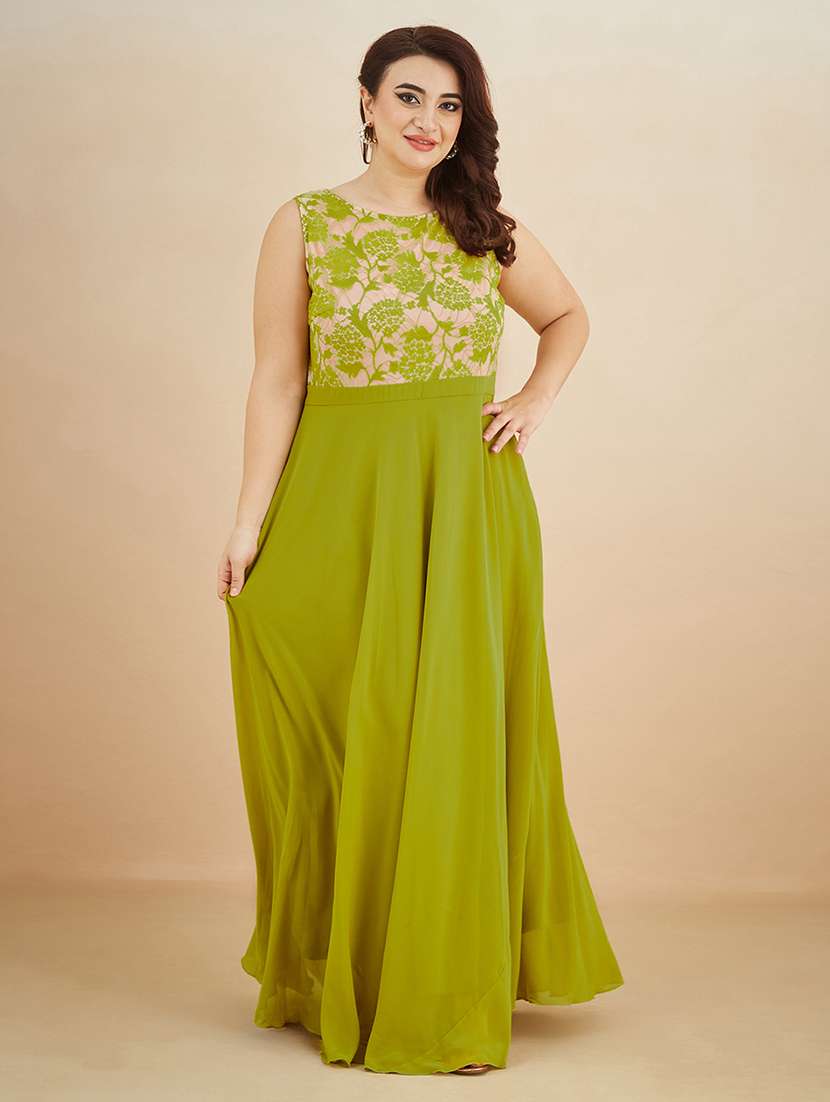 women self designed sleeveless lace fit & flare dress