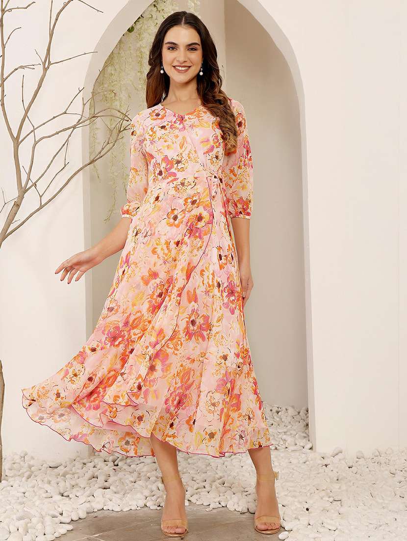 women floral print puff sleeve fit & flare dress
