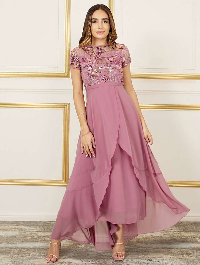 women embellished short sleeve fit & flare dress