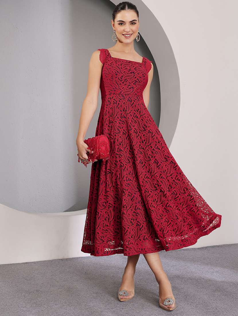 women self designed sleeveless lace fit & flare dress